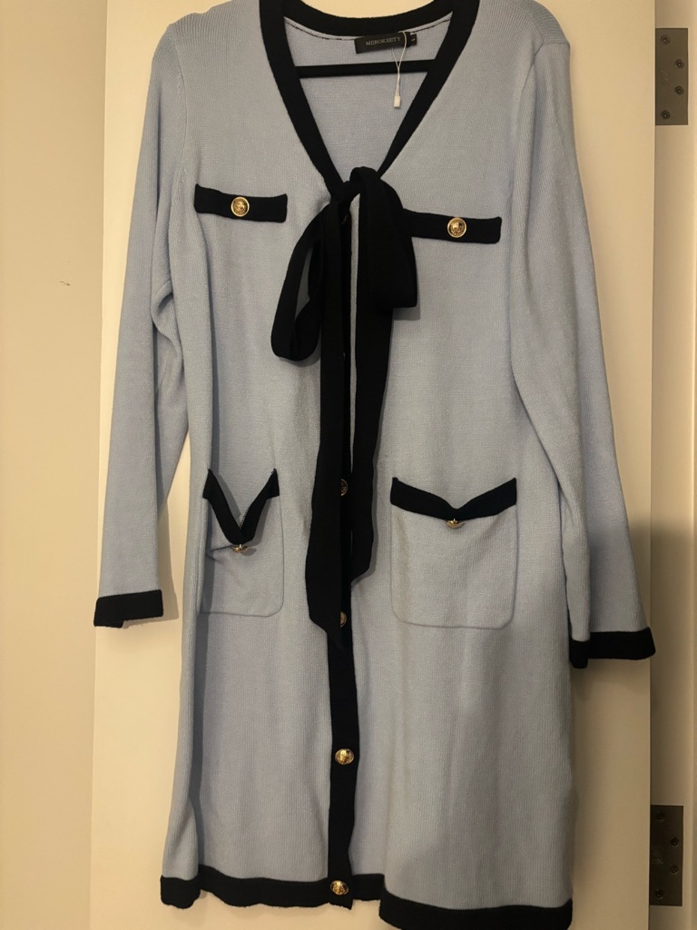 Light Blue Long Sleeve Bow-Front Cardigan Dress with Black Trim